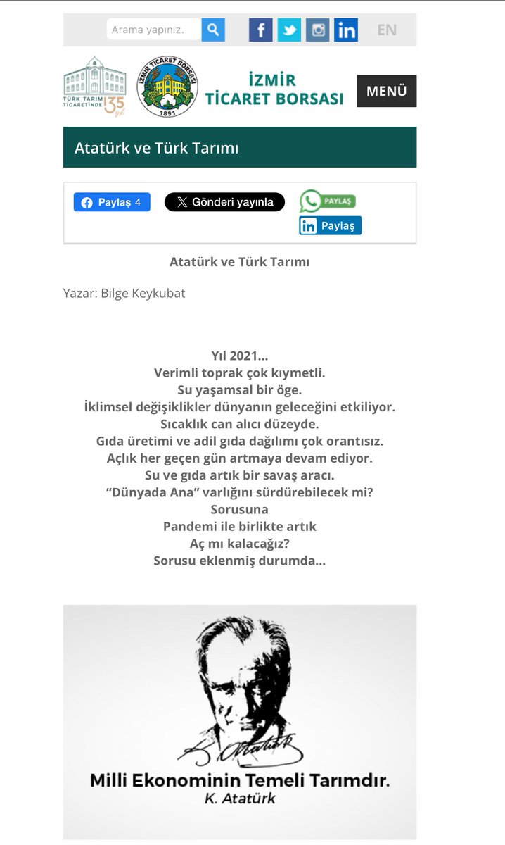 Atatürk ve Türk Tarımı

Verimli toprak çok kıymetli.
Su yaşamsal bir öge.
İklimsel değişiklikler dünyanın geleceğini etkiliyor.
Sıcaklık can alıcı düzeyde.

itb.org.tr/makale/12-atat…