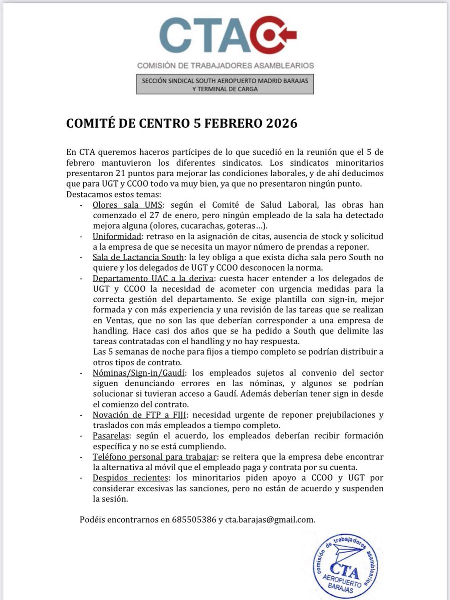 El pasado 5 de Febrero en la reunión del Comité de Centro, los sindicatos minoritarios volvimos a exigir medidas que ayuden a los trabajadores. Pero para CCOO y UGT todo debe ir muy bien porque no propusieron ninguna mejora. Así nos va 🙄