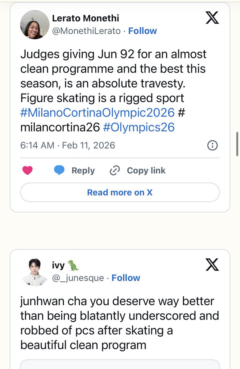 plus_goe's tweet photo. 차준환 쇼트점수 강탈당한거 Newsweek 외신 기사남

Fury Erupts Online as Fans Call Olympic Figure Skating Judging ‘Rigged’

But none of the top three were the story of the day. 
It was South Korea's Cha Jun-hwan.

Jun-hwan had an incredible short program skate and impressed the fans in the venue and the millions watching around the world, in what was believed to be a routine that could have him contending for a medal.
Instead, however, his score came in far below what they believed he earned.