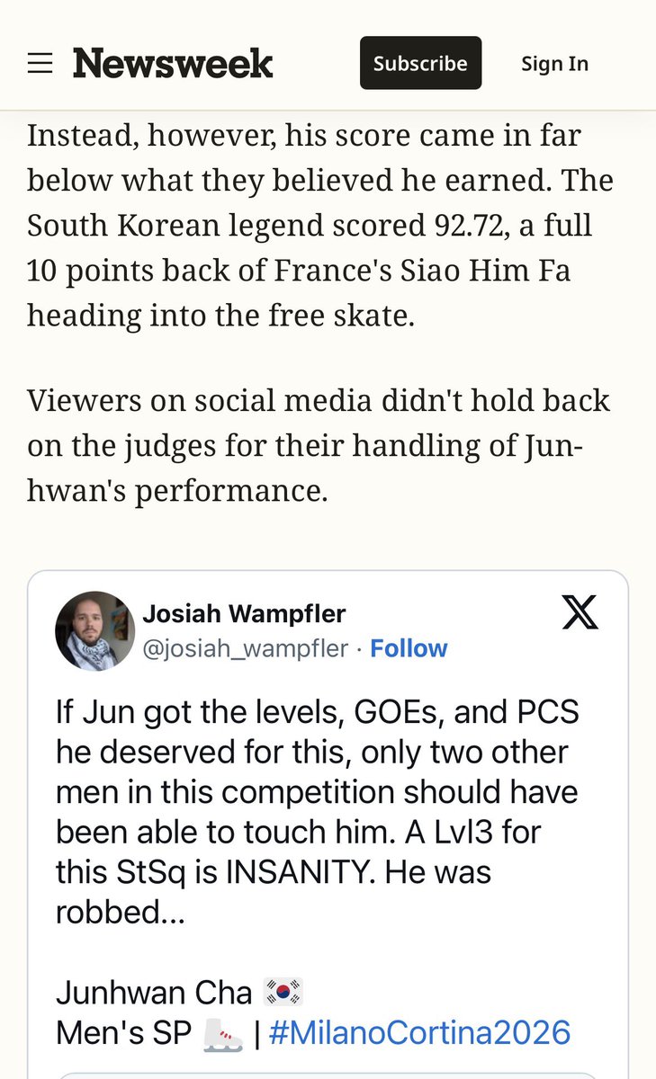 plus_goe's tweet photo. 차준환 쇼트점수 강탈당한거 Newsweek 외신 기사남

Fury Erupts Online as Fans Call Olympic Figure Skating Judging ‘Rigged’

But none of the top three were the story of the day. 
It was South Korea's Cha Jun-hwan.

Jun-hwan had an incredible short program skate and impressed the fans in the venue and the millions watching around the world, in what was believed to be a routine that could have him contending for a medal.
Instead, however, his score came in far below what they believed he earned.