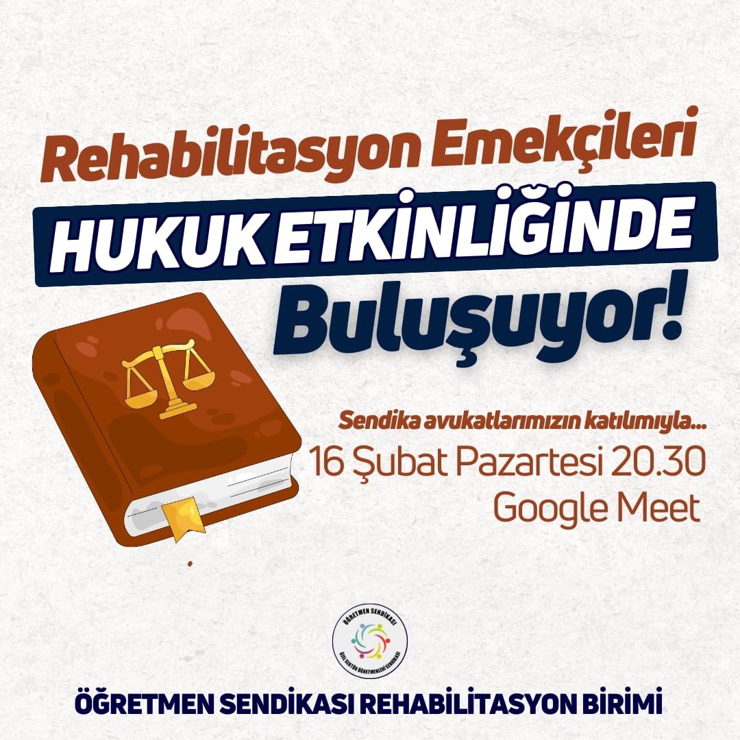 ogretmensendika's tweet photo. Rehabilitasyon emekçileri olarak haklarımızı öğrenmek, birlikte güçlenmek için sendika avukatlarımızın katılımıyla hukuk etkinliğimizde buluşuyoruz!

Not: Toplantıya katılmak için temsilcilerinizle iletişime geçebilir veya bize DM’den ulaşabilirsiniz.

🗓️ Tarih: 16 Şubat Pazartesi
⏰ Saat: 20.30
📍 Yer: Google Meet