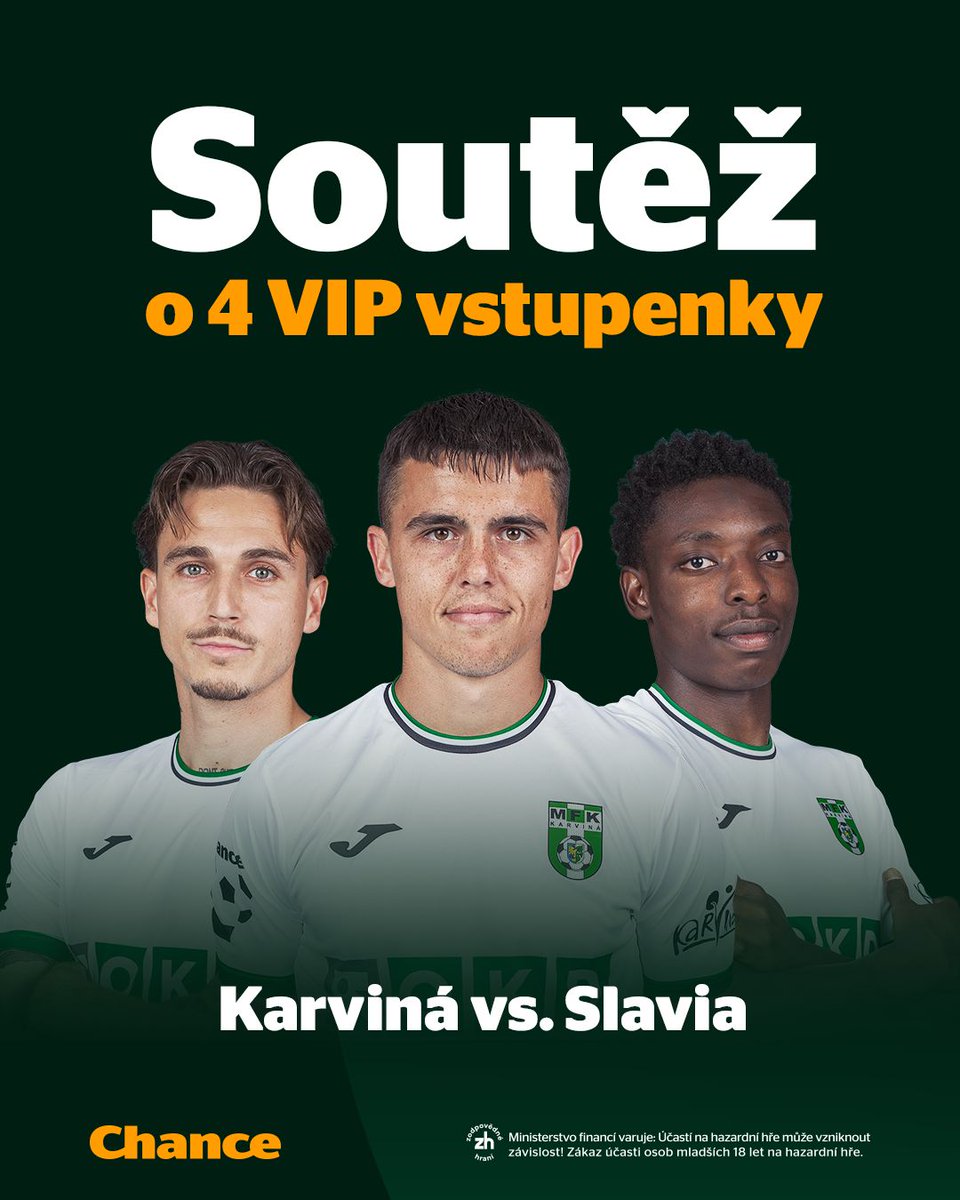 Chance_Sazkovka's tweet photo. ⚠️ SOUTĚŽ o 4 VIP vstupenky na utkání Karviná vs. Slavia (sobota 14.2. od 15:00) ⚽️

PODMÍNKY:
✅ Sleduj naše sociální sítě @Chance_Sazkovka 
✅ Retweetni tento příspěvek
✅ Lajkni tento příspěvek

🟠 Soutěž končí v pátek 13.2. V 10:00
🟠 Vylosujeme celkem 2 výherce, každý dostane po dvou vstupenkách
🟠 Účastnit se mohou jen osoby starší 18 let
🟠 Účastí v soutěži nedochází ke zpracování osobních údajů soutěžících, výherce bude individuálně kontaktován ve zprávách za účelem způsobu doručení výhry

#chance | #chancesoutez