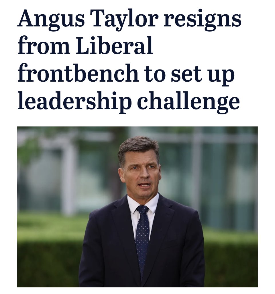 adamnicotera's tweet photo. “Well done Angus” makes his move
An*us Taylor resigns from Sussan Ley’s frontbench
Other senior frontbenchers, including James Paterson and Matt O’Sullivan (who is he?) are expected to follow him as they push for a spill later this week.
#libspill #libsplit #auspol https://t.co/tcSFinyzV3