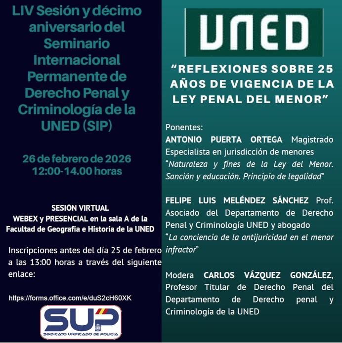 ⚖️LIV Sesión SIP "25 años de la Ley Penal del Menor"
La <a href="/FacDerecho_UNED/">Fac. Derecho UNED</a>
 invita a los afiliados/as al <a href="/Sup_Policia/">SUP</a>
 a esta sesión presencial y #online
🗓️26-02-2026
⏰De 12 a 14 horas
#SUPLíderEnFormación
Inscríbete ⤵️
supformacion.es/liv-sesion-sip…