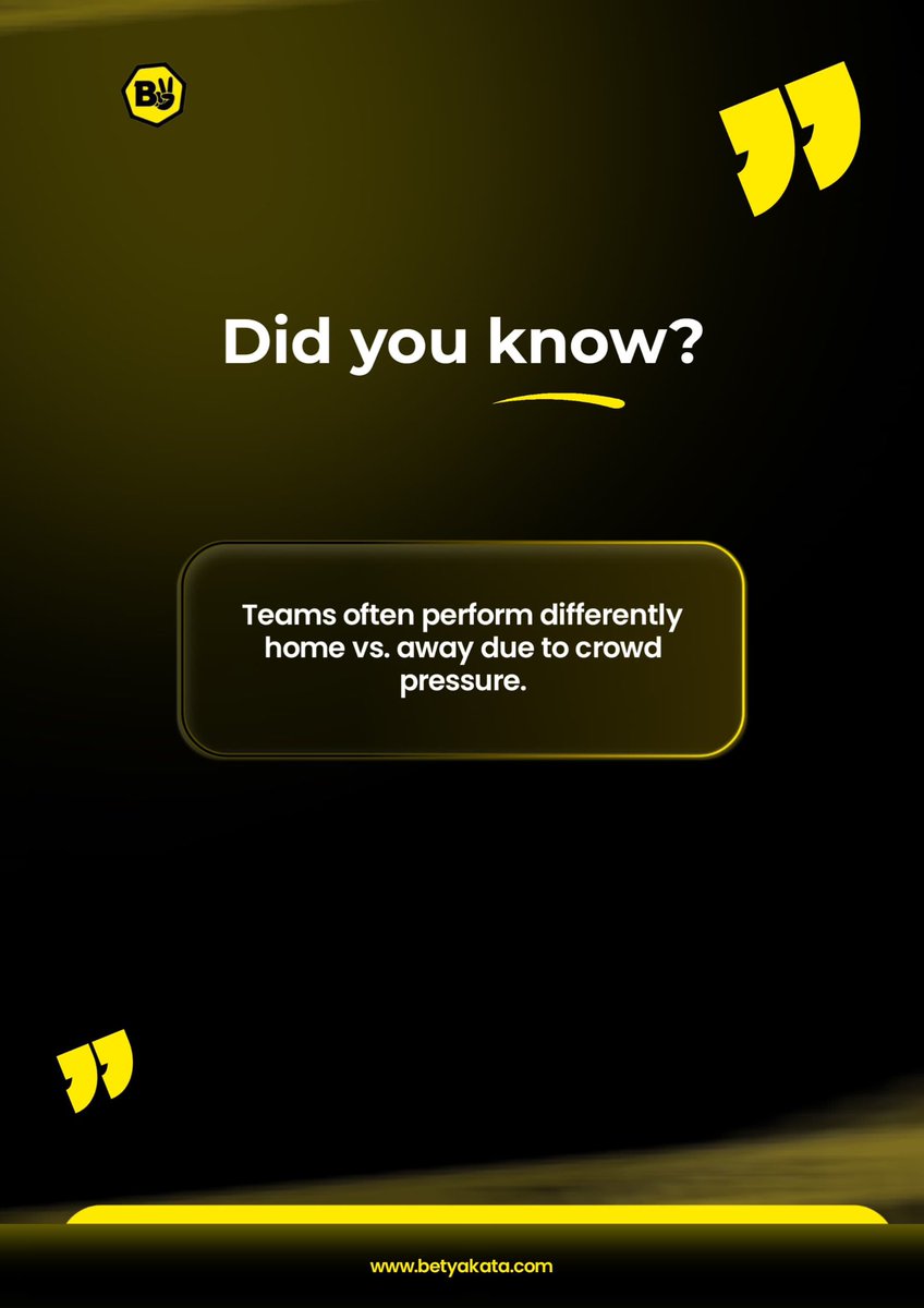 BetyakataNG's tweet photo. HOME ADVANTAGE: MYTH OR MAGIC?
Crowd pressure is a real game-changer! Teams consistently perform better on their home turf.
#DidYouKnowFlow
#Betyakata https://t.co/p3wGgSieCD