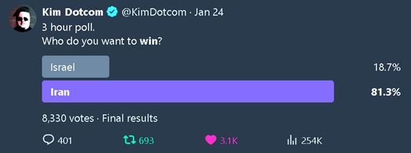 KimDotcom's tweet image. If Trump starts a war with Iran he's owned by Israel. Not only does nobody want a war with Iran, the vast majority want Iran to win against Israel. Start a war with Iran and you will be the most unpopular US President ever.