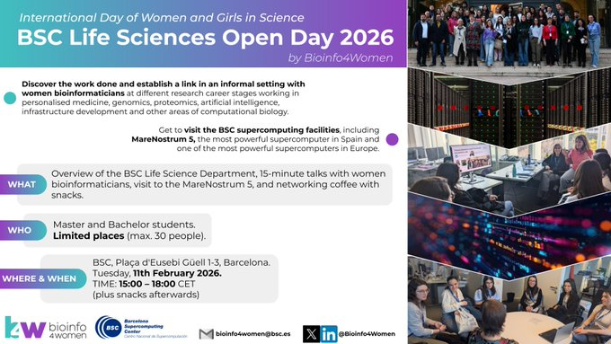 Delighted to celebrate #11F #IDWGS2026 International Day of Women and Girls in Science by organising the <a href="/BSC_CNS/">BSC-CNS</a> Life Sciences Department Open Day 2026.

Women bioinformaticians will present their work and research careers in life sciences, bioinformatics, and AI to students.