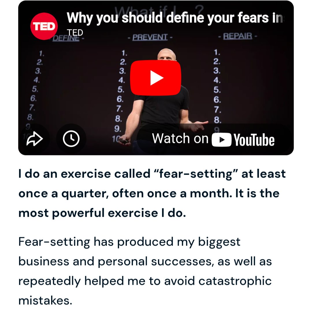 This hits hard, immediately reminded me of <a href="/tferriss/">Tim Ferriss</a> 's “fear-setting” exercise he hammered on for years. (<a href="/TimFerrissShow/">The Tim Ferriss Show</a> was one of my favourite podcasts)

I found the idea powerful but never went as extreme as Tim… or apparently Nader. Still, my sales/BD career forces
