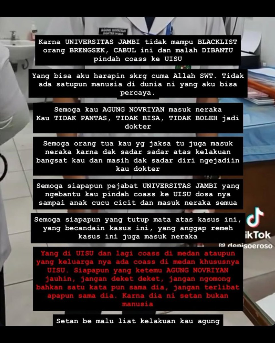 MariaAlkaff_'s tweet photo. Pernah viral 2 tahun lalu..! 
CoAss/dokter muda di Jambi, yamg pasang CCTV di toilet perempuan di RS. 

Seorang Co-Ass/dokter muda (Agung Novriyan) di Universitas Jambi, terbukti melakukan tindak asusila. "Mengundurkan diri" dari Univ tsb lalu pindah ke FK UISU. Saat ini CoAss disana. Orangtua ybs adalah pegawai Kejaksaan. 

Civitas akademika dari FK/Kesehatan menilai harus ada proses seleksi yang ketat dan merit. 

Bukan cuma kognitif, tapi juga afektif, etika dan moral. 

Sc: dr. radityaalvaribie