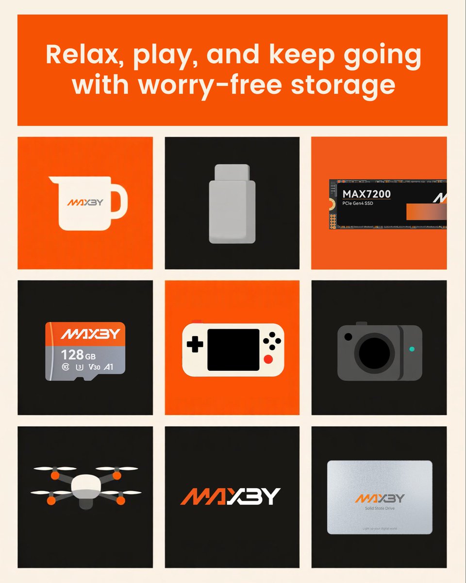 Maxbyofficial's tweet photo. Relax. Play. Create.
It’s about storage you can trust,
across every device and every scene.
MAXBY, worry-free every day.🙌
#MAXBY #SSD #SDcard #MAX7200 #MS500 #MTPLUS https://t.co/3x98mHt2um