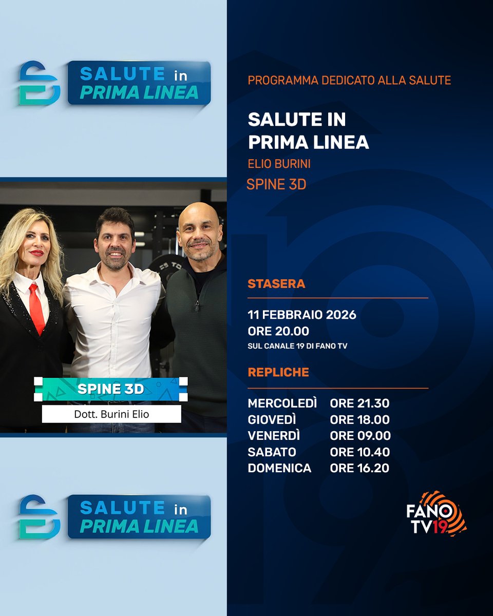 📺 Questa sera, mercoledì 11 febbraio, alle ore 20.00 circa, andrà in onda "salute in prima linea", la seconda stagione del programma dedicato alla salute e al benessere.
Appuntamento sul canale 19 di FanoTV, visibile in tutta la Regione Marche. #fanotv