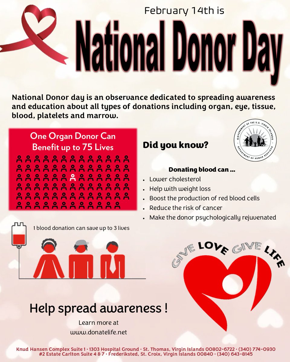 💝 Feb. 14 is National Donor Day!

One donor can save up to 8 lives through organ donation. Blood donation also supports critical health needs in our community.

Give the gift of life. ❤️ Learn more at donatelife.net.

#NationalDonorDay #DonateLife #VIDHS