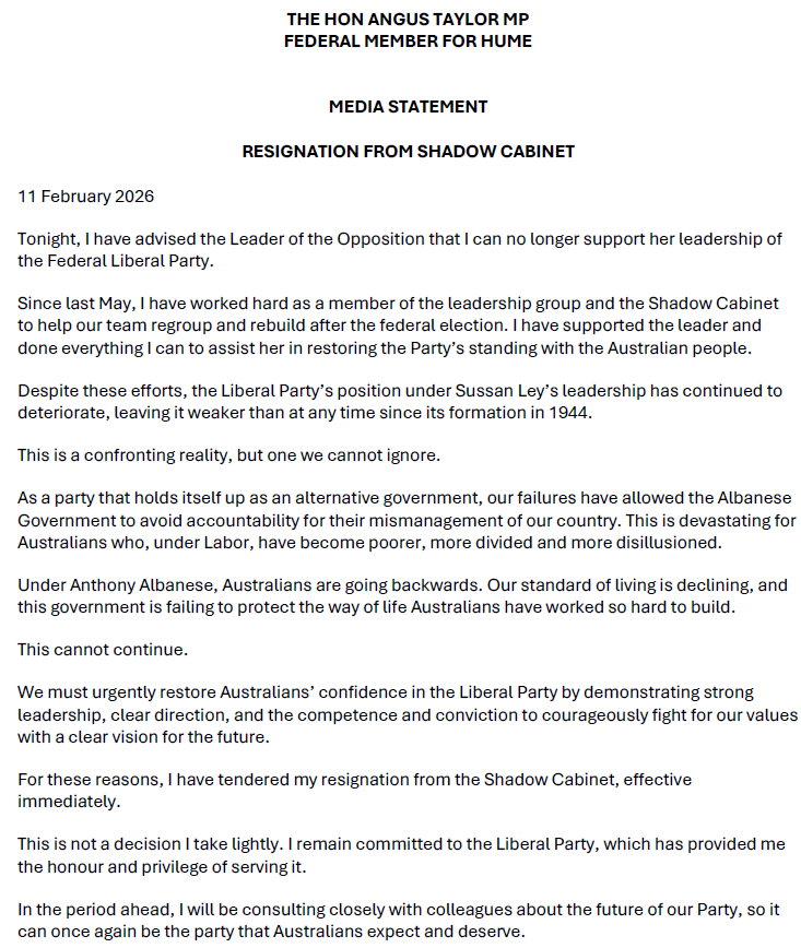 Angus Taylor has resigned from Shadow Cabinet #auspol