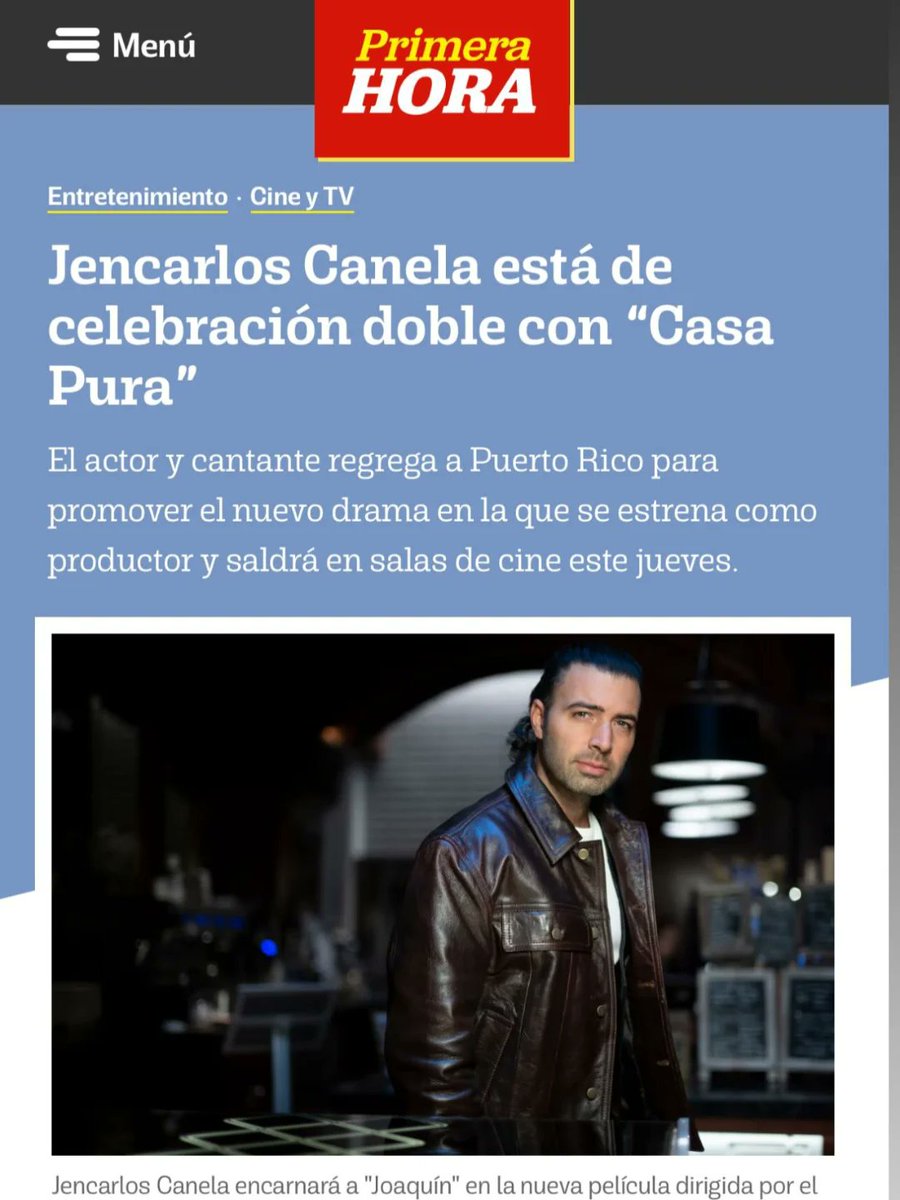 Cortesía <a href="/primerahora/">Primera Hora</a>
<a href="/jencarlosmusic/">Jencarlos</a> @casapura_movie
Jencarlos Canela está de celebración doble con "Casa Pura"

El actor y cantante regrega a Puerto Rico para promover el nuevo drama en la que se estrena como productor y saldrá en salas de cine este jueves.