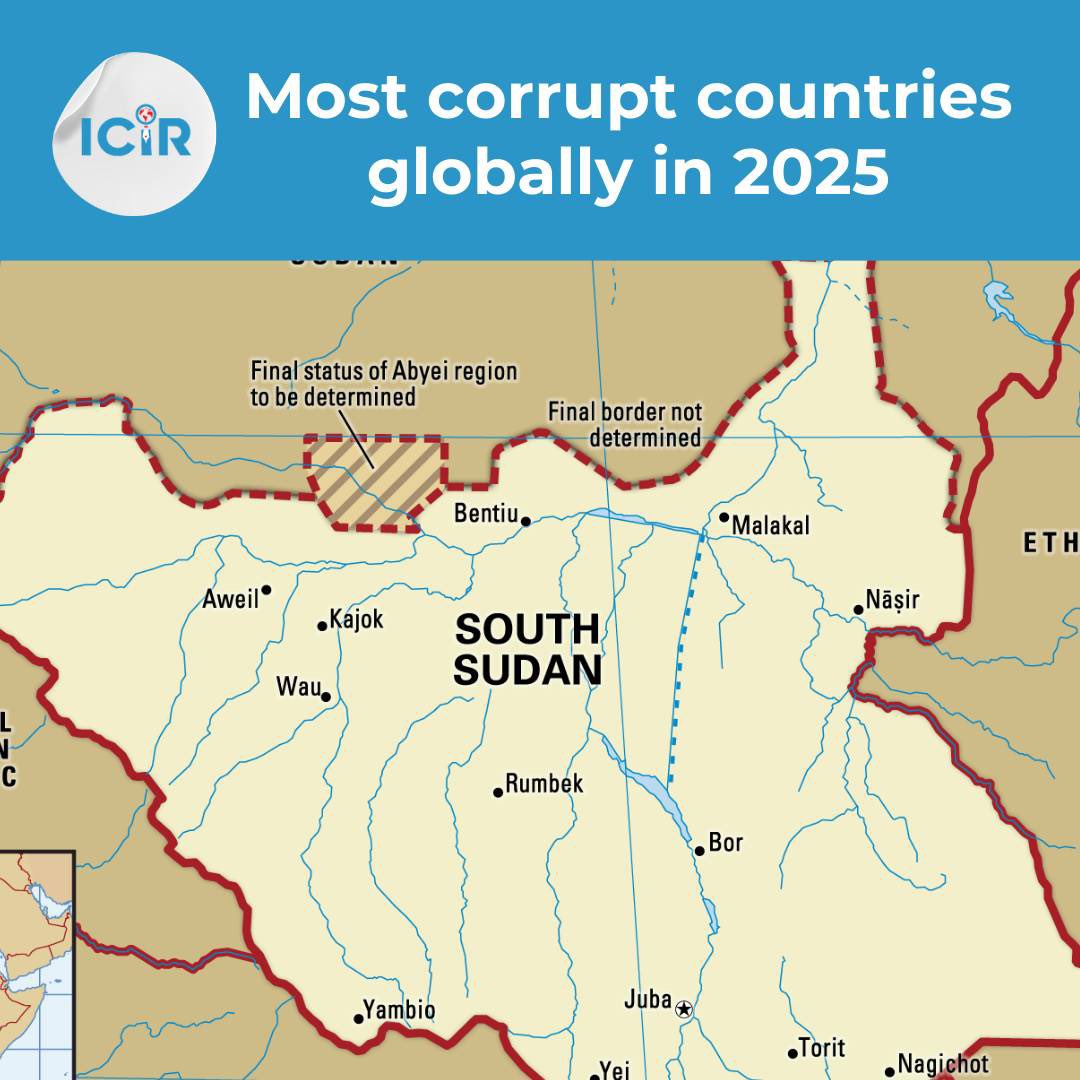 Corruption Perception Index 2025:
Most corrupt countries globally 

182 countries are ranked globally

1️⃣ South Sudan 🇸🇸
2️⃣ Somalia 🇸🇴
3️⃣ Venezuela 🇻🇪
4️⃣ Yemen 🇾🇪
5️⃣ Libya 🇱🇾
6️⃣ Eritrea 🇪🇷
7️⃣ Sudan 🇸🇩
8️⃣ Nicaragua 🇳🇮
9️⃣ Syria 🇸🇾
1️⃣0️⃣  North Korea 🇰🇵 
1️⃣1️⃣ Equatorial Guinea 🇬🇶