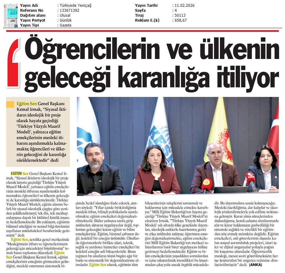 “Türkiye Yüzyılı Maarif Modeli” adı altında dayatılan gerici ve ırkçı müfredat anlayışının öğretmen emeğini değersizleştirdiğini ifade eden Eğitim Sen Genel Başkanı Kemal Irmak, eğitim emekçilerinin de MEB'in talimatlarının uygulayıcısı olmasının hedeflendiğini söyledi.