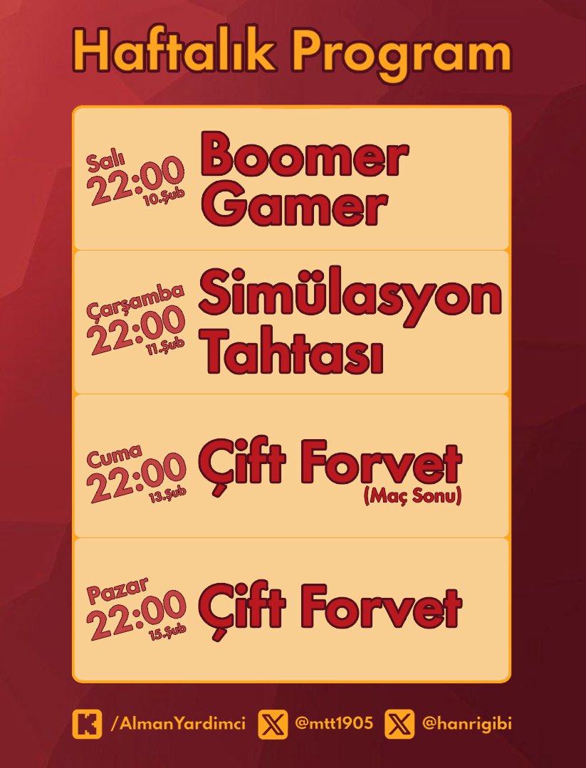 Güncellenmiş haftalık programımız, bekleriz..

Kick.com/almanyardimci