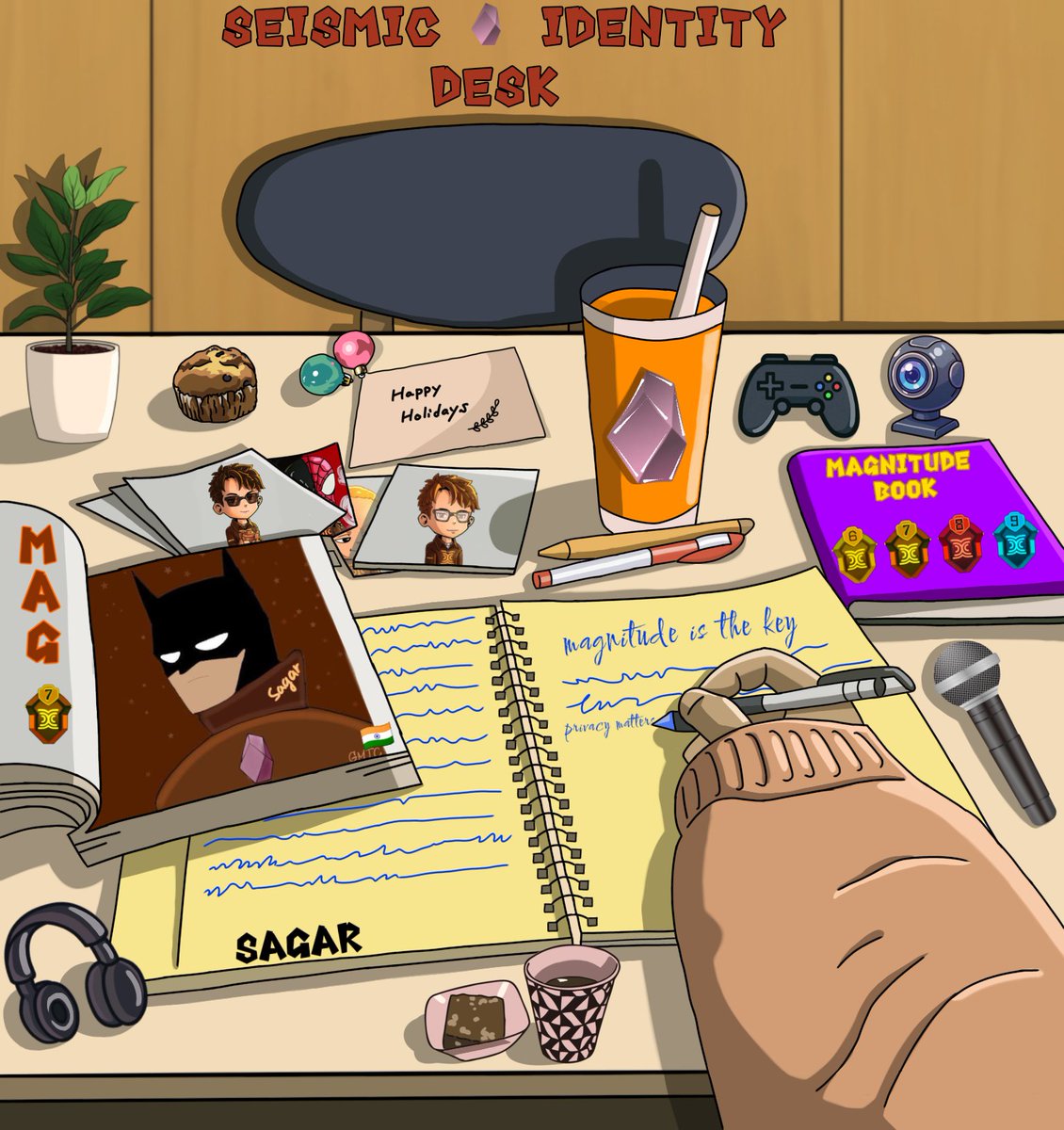 Gmic guys 

Thank you to <a href="/ANSHxOJHA/">ANSH 🎭</a> for this awesome Identity Desk

From the Magnitude book and encrypted profile to the notes, mic, and gaming vibes every little detail tells a story about the Seismic journey.

Really love the creativity and effort put into this 

<a href="/SeismicSys/">Seismic</a>