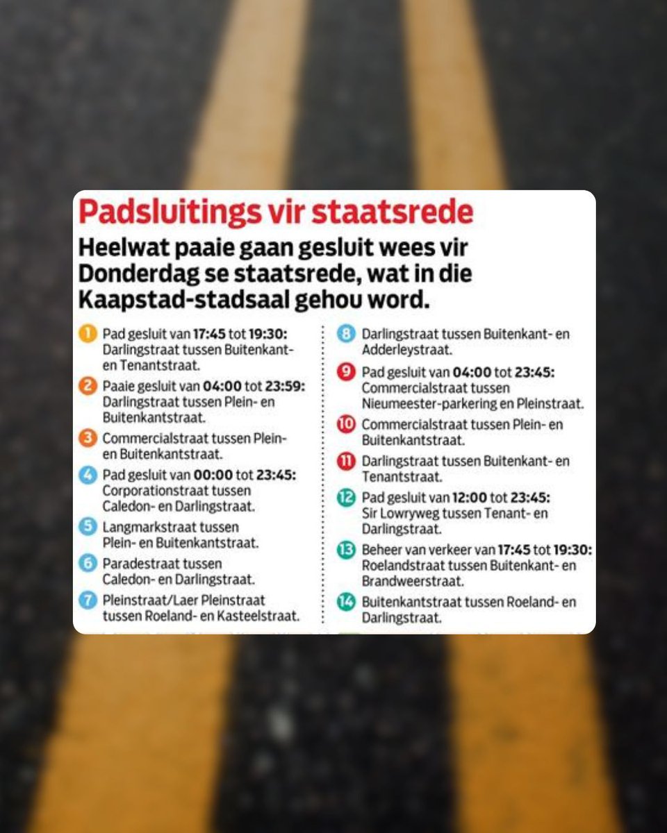 Beeld_Nuus's tweet photo. Kapenaars kan hulself oudergewoonte voorberei vir verskeie padsluitings rondom die Kaapstad-stadsaal vir vanjaar se staatsrede. ||#2026staatsrede #SONA2026 #netwerk24 #nuusinafrikaans #afrikaansenuus
https://t.co/sMnsE3uwTH https://t.co/5ArKBii8rz