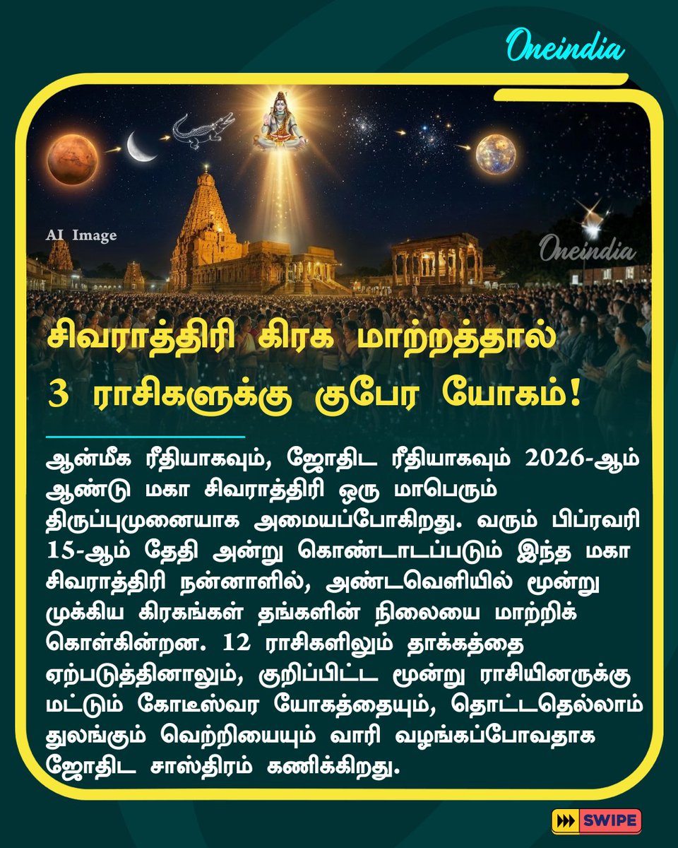 thatsTamil's tweet image. 2026 மகா சிவராத்திரி: 3 கிரக மாற்றத்தால் இந்த 3 ராசிகளுக்கு குபேர யோகம்! சிவனின் அருள் நிச்சயம்!

More Details: tamil.oneindia.com/astrology/maha…

#Mahashivratri2026 #ZodiacSigns #Rasipalan #AstroToday #Oneindia #OITamil