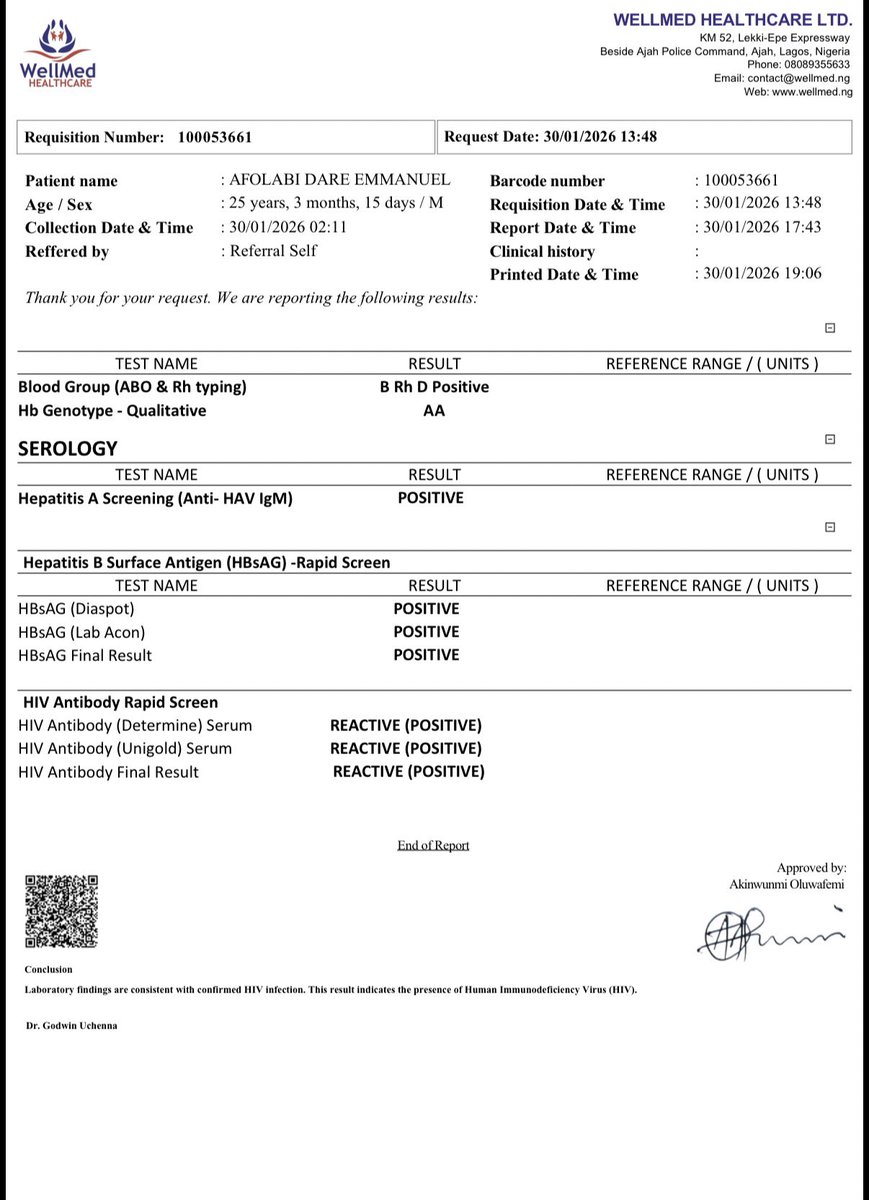 xyz1mt's tweet photo. Ladies and gentlemen walk with me.

Boyfriend infected his girlfriend with HIV, while girlfriend turned it Into cruise for the timeline. 

Laboratory results and the doctor’s conclusions showing he’s infected with “HIV and hepatitis A and B”

So they’ve been dating for quite some time now but the boyfriend is a chronic cheater now he fucked around and found out still infected his girlfriend with the virus. 

Y’all should watch out for this guy @he_is_dreyy and his girlfriend @Miikiana as they are carriers now so they don’t go about infecting more people in the society.
