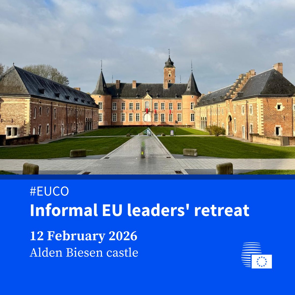 #EUCO | Informal EU leaders' retreat, 12 February 2026.

EU leaders will discuss how to:
📌 boost EU competitiveness in a new geoeconomic context
📌 strengthen the single market
📌 reduce economic dependencies

More info 👉 link.europa.eu/vnppTC