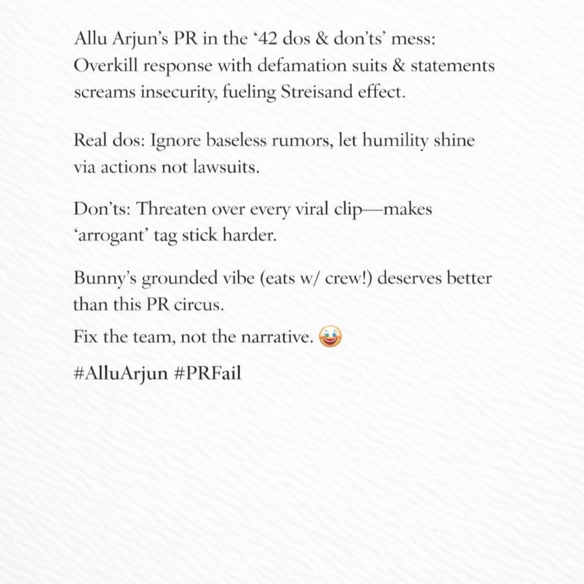 Goldenflicks's tweet photo. Fix the team,not the narrative !!! 
#AlluArjun 
#rules https://t.co/5iOZN18Cfx