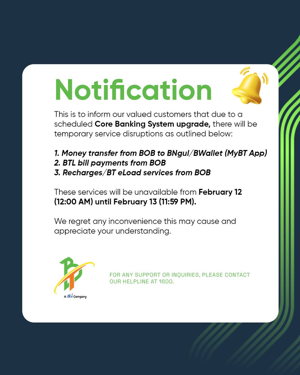 BhutanTelecomL's tweet photo. Notice 🔔 

#bhutantelecom #bankofbhutan #NOTICE https://t.co/FrvotKWHSx