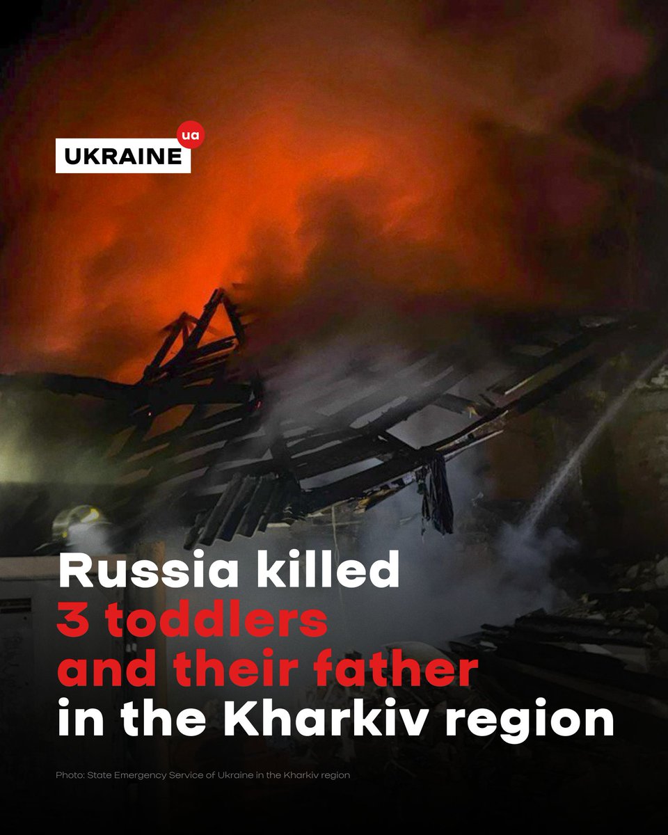 ukraine_ua's tweet photo. Last night, Russia struck Bohodukhiv, in the Kharkiv region, with a drone. It hit a private home shortly before midnight. Four people were killed: a 34-year-old father and three children – two one-year-old boys and a two-year-old girl.

The children's mother, 35 weeks pregnant, survived with burns and a head injury. She is now in the hospital.

Across Ukraine, Russia launched 129 drones overnight, hitting homes, a hospital in Zaporizhzhia, and infrastructure in several regions.

These are deliberate attacks on civilians. Ukraine needs stronger air defence and sustained pressure on Russia to stop the killings.