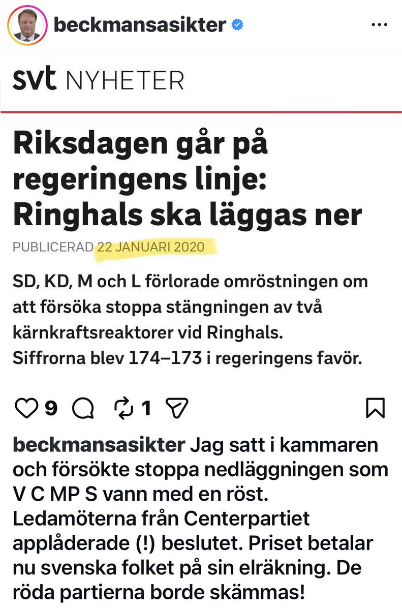Kollega <a href="/beckmansasikter/">Lars Beckman</a> påminner. Jag minns det också. Vi moderater gjorde vad vi kunde för att stoppa nedläggningen. Men förlorade med en röst. Centern applåderade! Sedan dess har vi fått notan för beslutet på våra elräkningar. 😡
