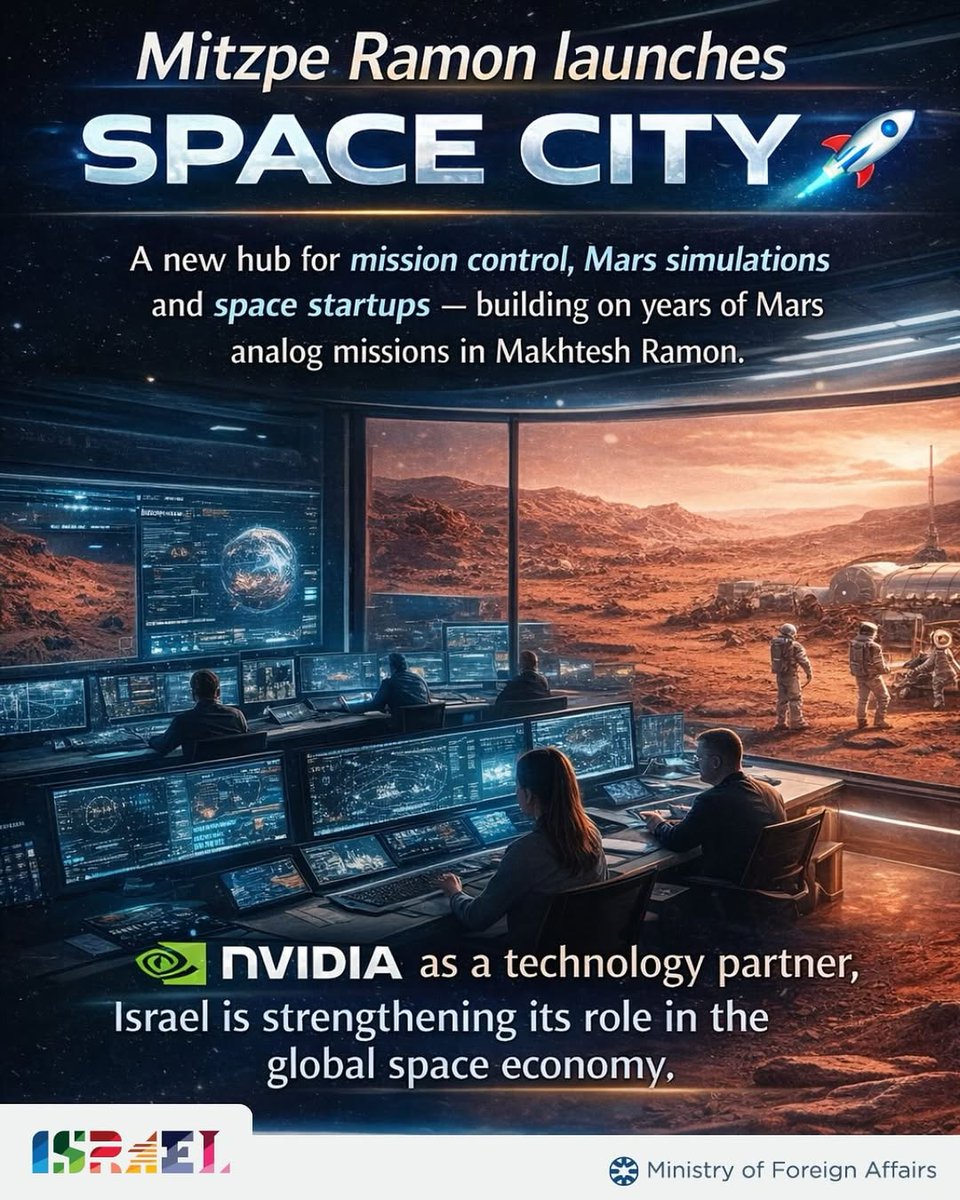 IsraelinRomania's tweet image. #Israel deschide în Mitzpe Ramon un centru #tehnologic de tip "#Space City" (Oraș #Spațial) în colaborare cu #Nvidia. 🚀🇮🇱

Situat în deșertul #Negev, Mitzpe Ramon va găzdui un #hub pentru tehnologii spațiale, ce va include laboratoare de simulare a condițiilor de pe planeta