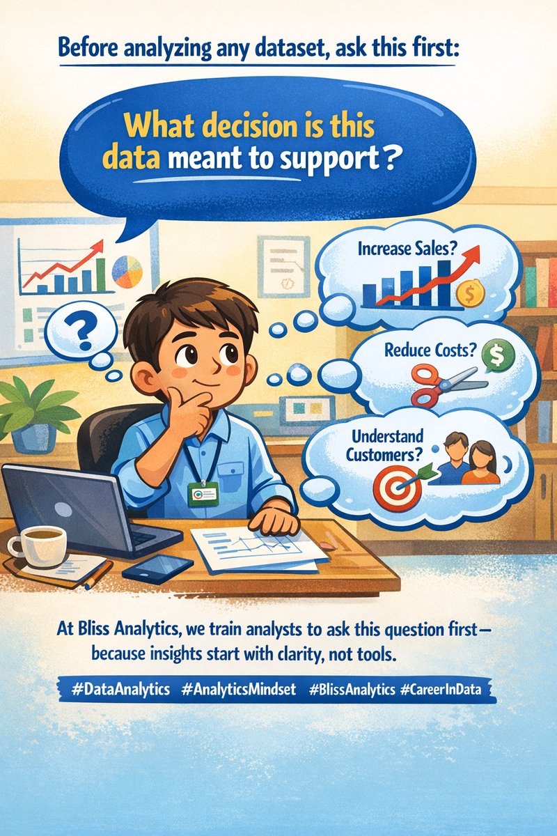 Before analyzing any dataset, as this first: What decision is this data meant to support?

This question is important because insights start with clarity and not tools.

#DataAnalytics #career #data