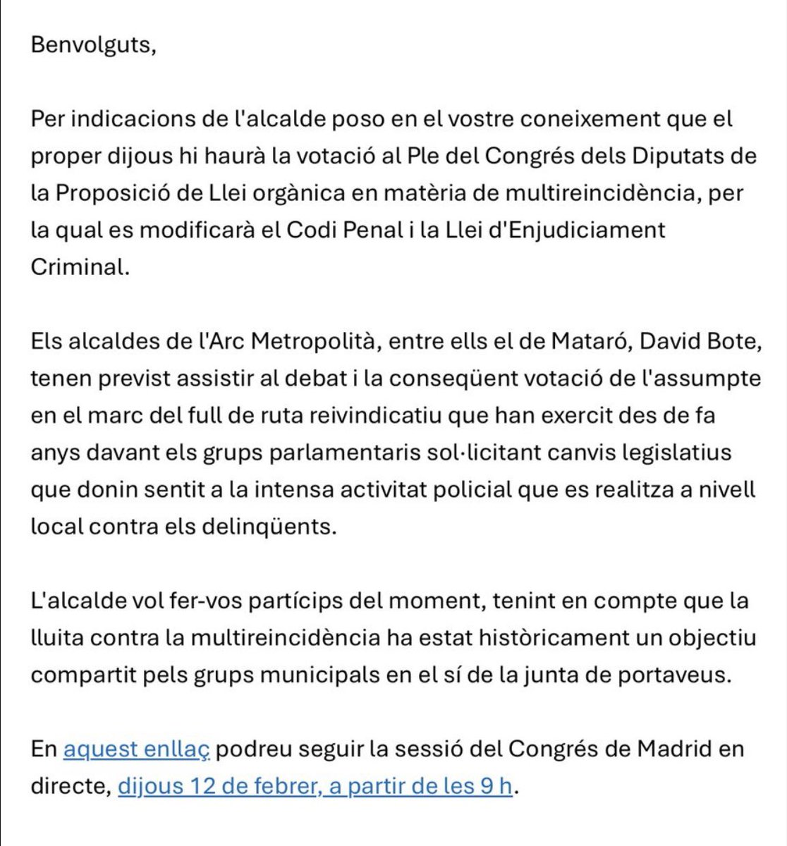 Bote (PSC) se va a Madrid para asistir a una votación sobre multirreincidencia.
Uno no sabe si reír o indignarse.

Si tenemos delincuentes reincidentes campando a sus anchas, robos cada día, vecinos que no viven tranquilos, es por las políticas que los socialistas impulsan.