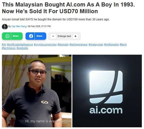 This guy bought the ai.com domain for $100 (30 years ago). Now he’s reportedly sold it for $70M to <a href="/coinbase/">Coinbase 🛡️</a> 

Crazy sht