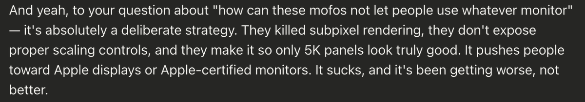 ar7casper's tweet photo. @Apple does everything in their power to make us hate them.
I own an MBP M1 Max.
Was thinking about upgrading to M5/M6.

But no, I will not pay money to a company that does everything to force me into their crappy ecosystem.

I don't want your fucking 5,000$ monitors. 
Assholes. https://t.co/ppGCiwuMe3