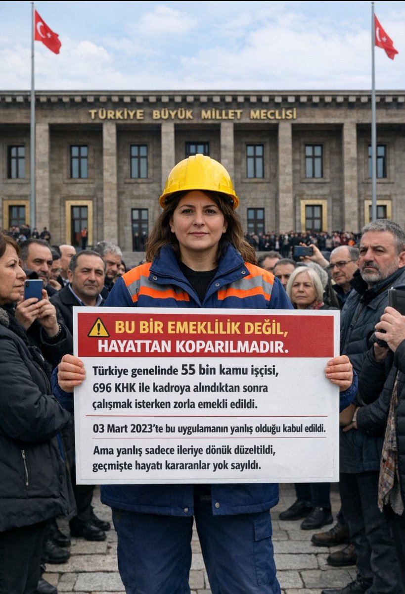#ZorunluEmekliyeİşeİadeHakkı
◾696 KHK ile on binlerce işçi Zorla Emekli Edilerek mağdur edildi
◾En düşük maaşa mahkûm edilerek geçim derdine düşürüldü,
◾Kamu, yetişmiş iş gücünü kaybetti
◾İŞİMİZİ GERİ İSTİYORUZ!
<a href="/RTErdogan/">Recep Tayyip Erdoğan</a> <a href="/_cevdetyilmaz/">Cevdet Yılmaz</a> <a href="/eczozgurozel/">Özgür Özel</a> <a href="/isikhanvedat/">Prof. Dr. Vedat Işıkhan</a>