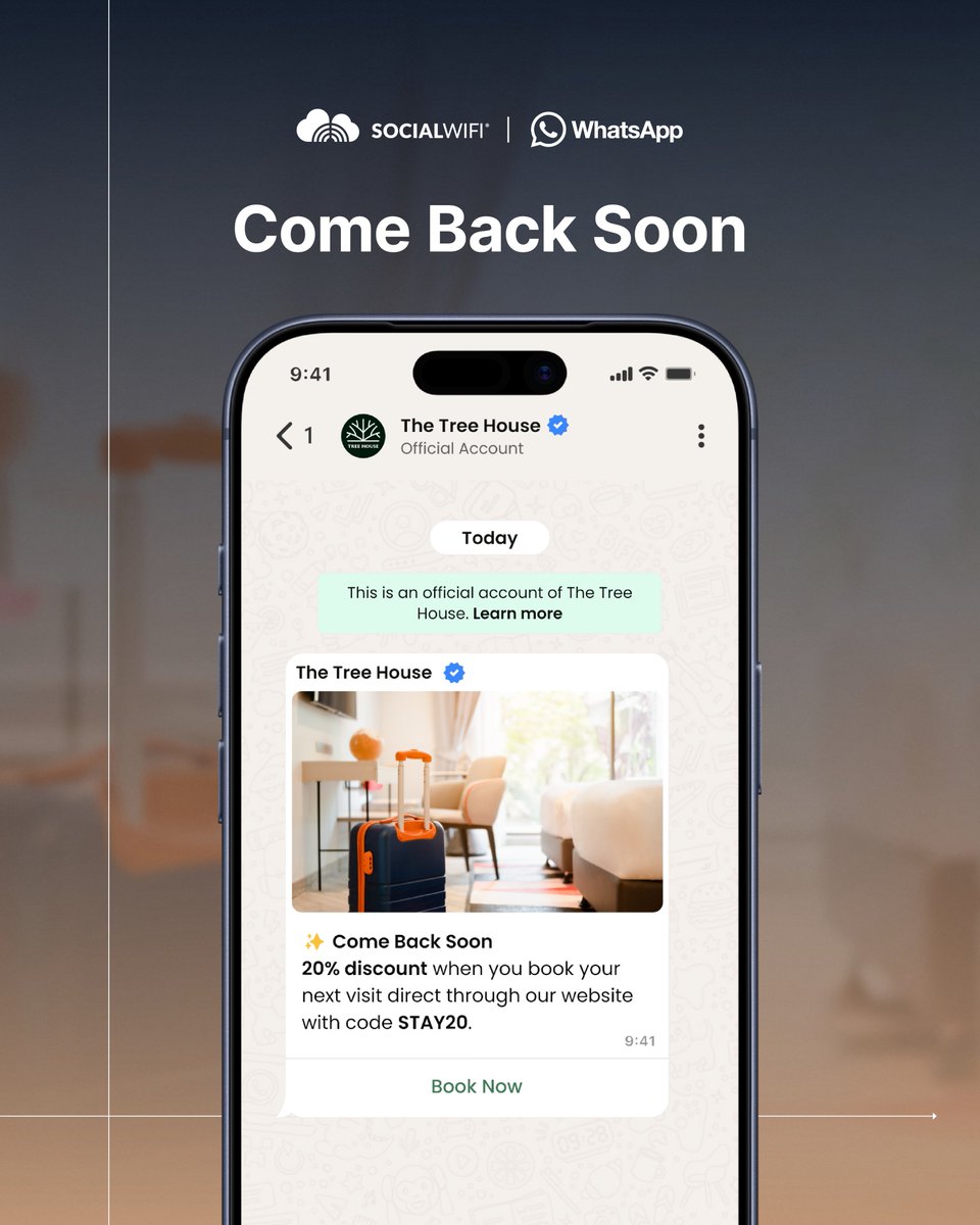 From check-in to check-out, and even after the stay, keep a direct connection with your guests through WhatsApp📲

#WhatsAppMarketing #SocialWiFi #WhatsApp #WiFiMarketing