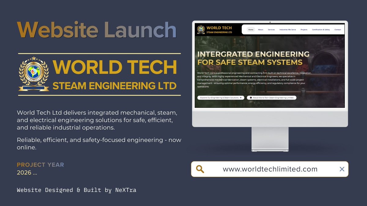 gonextra0's tweet photo. Website launch 🚀

We designed and built the official website for World Tech Steam Engineering Ltd - showcasing safe, efficient steam, mechanical &amp; electrical engineering solutions.

Live now 👉 https://t.co/HemLHeQ6hg

NeXTra - your home for digital solutions &amp; education. https://t.co/r9UWyoDnMz