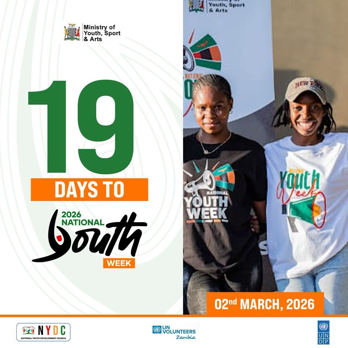 themysa_23's tweet photo. 19 Days to Go! 🇿🇲

The countdown is on for the 2026 National Youth Week! Join us on 2nd March 2026 as we celebrate the power, passion, and potential of Zambia’s young people.

#YouthWeek2026
#AriseAndSoar
#YouthRise
#NextGenLeaders
#YouthEmpowerment
#FutureLeaders
#YouthVoices https://t.co/evD7YxbsFb