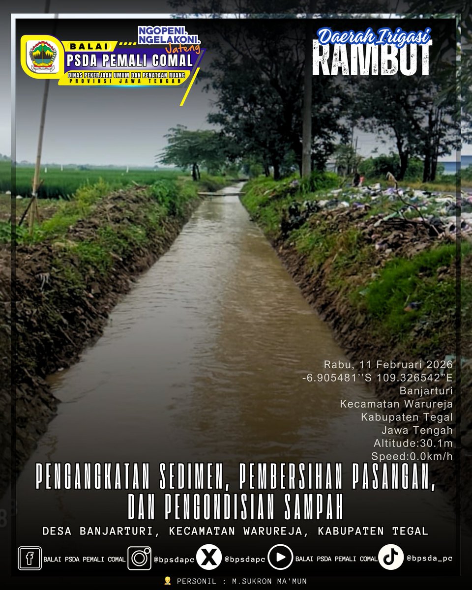 Korpokla Cacaban Gung – Balai PSDA Pemali Comal melaksanakan pengangkatan sedimen, bersih pasangan &amp; pengondisian sampah di KJ6a, Desa Banjar Turi, Kec. Warureja, Kab. Tegal.

Petugas: M. Sukron Ma’mun.
Bersama jaga fungsi saluran tetap optimal.
<a href="/dpuprjateng/">DPUPR Jateng</a> 
<a href="/dpusdatarujtg/">Dinas PUSDATARU Jateng</a>