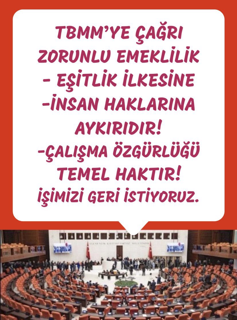 #ZorunluEmekliyeİşeİadeHakkı
◾696 KHK ile on binlerce işçi Zorla Emekli Edilerek mağdur edildi
◾En düşük maaşa mahkûm edilerek geçim derdine düşürüldü,
◾Kamu, yetişmiş iş gücünü kaybetti
◾İŞİMİZİ GERİ İSTİYORUZ!
<a href="/RTErdogan/">Recep Tayyip Erdoğan</a> <a href="/_cevdetyilmaz/">Cevdet Yılmaz</a> <a href="/eczozgurozel/">Özgür Özel</a> <a href="/isikhanvedat/">Prof. Dr. Vedat Işıkhan</a>