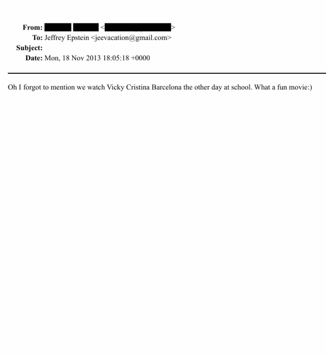 En els arxius d'Epstein hi apareix la peli Vicky Cristina Barcelona.

Estrenada el 2008, sempre m'ha semblat un dels cims més grotescos de la despersonalització de Barcelona, convertida en producte caricaturesc d'explotació mundial.

Està en el meu top 2. 
l'1 és Carlinhos Brown.