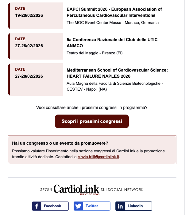 cardiolink_it's tweet image. 📌  #congressi da segnare in agenda by #CardioLink
Congressi medico-scientifici del mese di Febbraio 2026
Una selezione di appuntamenti di rilievo in cardiologia, diabetologia e discipline correlate.

📱 cardiolink.it/v2/congressi.p…
🔔 #CardioLink #notizie #Video #interviste #FocusOn