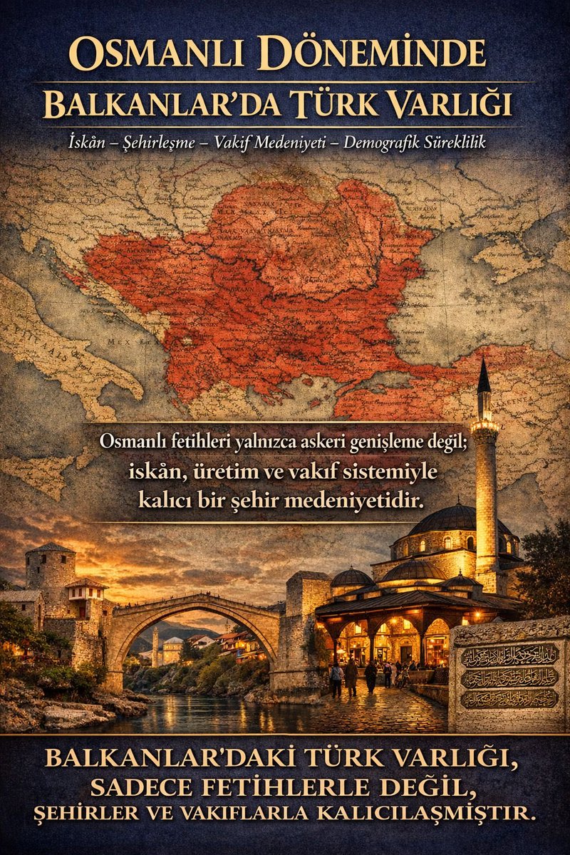 🔴 OSMANLI DÖNEMİNDE BALKANLAR’DA TÜRK VARLIĞI

Osmanlıların Balkanlar’a yerleşmesi, tamamen yabancı bir coğrafyaya yapılan ani bir yayılma olarak değerlendirilmemelidir. 

Osmanlı öncesinde Balkanlar;Avarlar, Bulgarlar, Peçenekler ve Kumanlar gibi Türk topluluklarının hareket