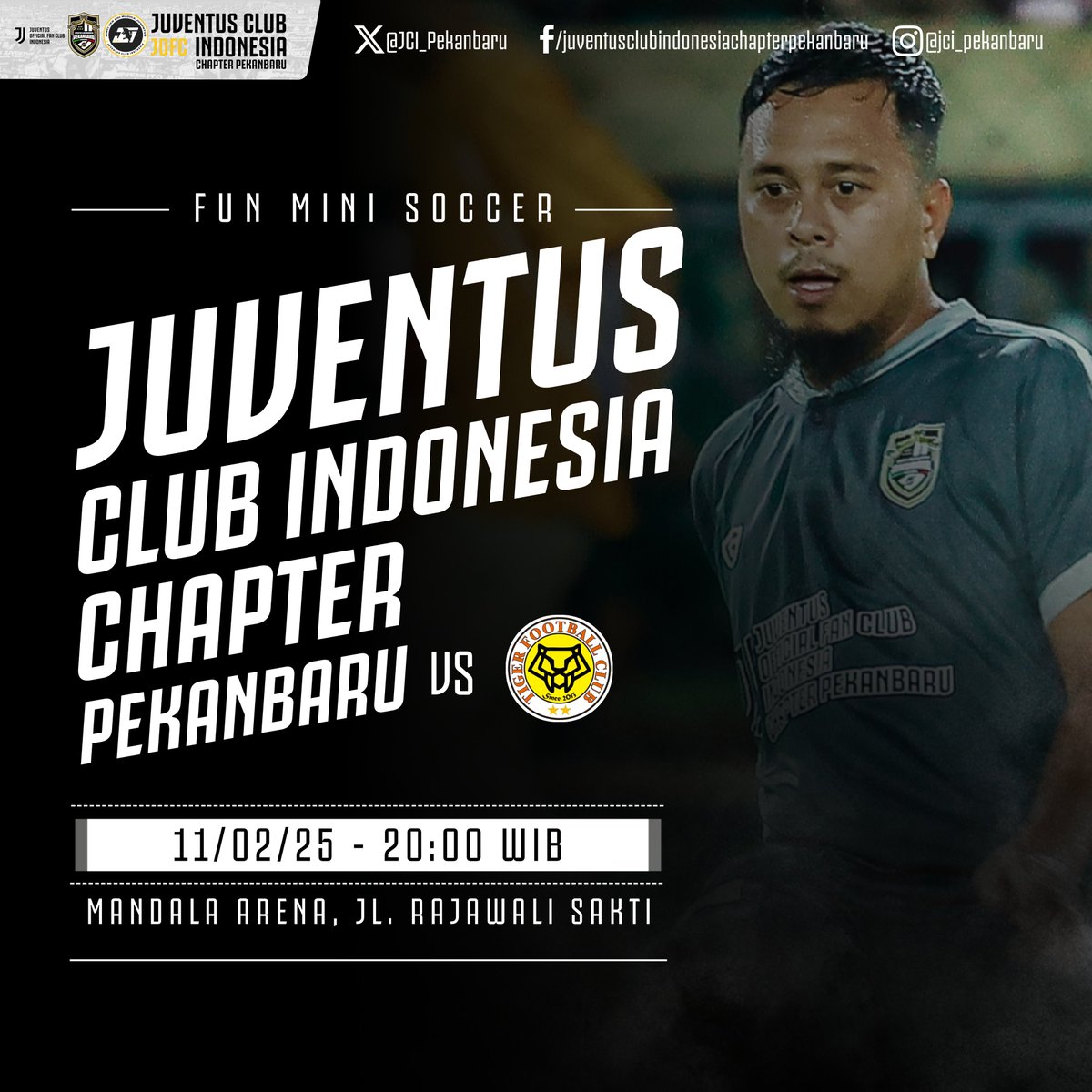 Match Day - Fun Mini Soccer

JCIC Pekanbaru vs Tiger FC
Selasa, 30 Desember 2025
Pukul 19.00 WIB
Mandala Arena Mini Soccer - Jl. Rajawali Sakti

#funminisoccerjcipekanbaru #jcipekanbaru #juventusclubindonesiachapterpekanbaru #jofcipekanbaru #juventinipekanbaru