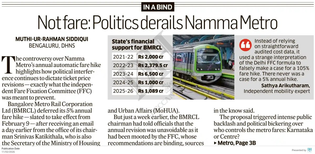 ever_pessimist's tweet image. How politics threw #BengaluruMetro off track in the fare hike chaos:

@DKShivakumar said GoK deferred the hike, @Tejasvi_Surya claimed GoI did it.

Technically, it was the BMRCL chairman—a GoI official—who first okayed &amp;amp; then deferred it.

BMRCL to review if the hike can be &amp;lt;5%.