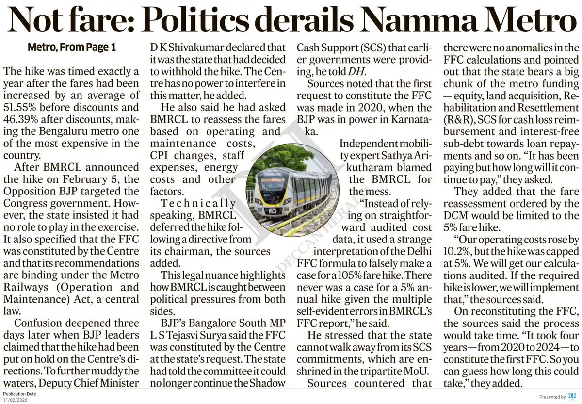 ever_pessimist's tweet image. How politics threw #BengaluruMetro off track in the fare hike chaos:

@DKShivakumar said GoK deferred the hike, @Tejasvi_Surya claimed GoI did it.

Technically, it was the BMRCL chairman—a GoI official—who first okayed &amp;amp; then deferred it.

BMRCL to review if the hike can be &amp;lt;5%.