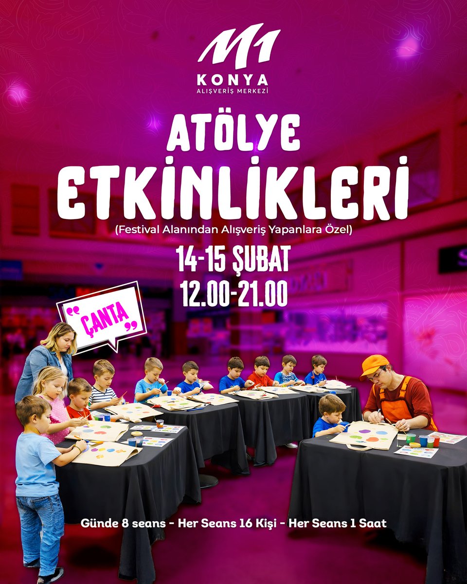 Çanta Atölyesi, 14-15 Şubat tarihlerinde sizleri bekliyor! 🛍️✨

Kendi çantanı tasarla, yaratıcılığını konuştur! 💛
Hem eğlence hem üretim dolu bir deneyim için M1 Konya AVM’ye bekliyoruz.

🗓 14-15 Şubat
⏰ 12.00 – 21.00
👥 Günde 8 seans
🎨 Her seans 16 kişi – 1 saat