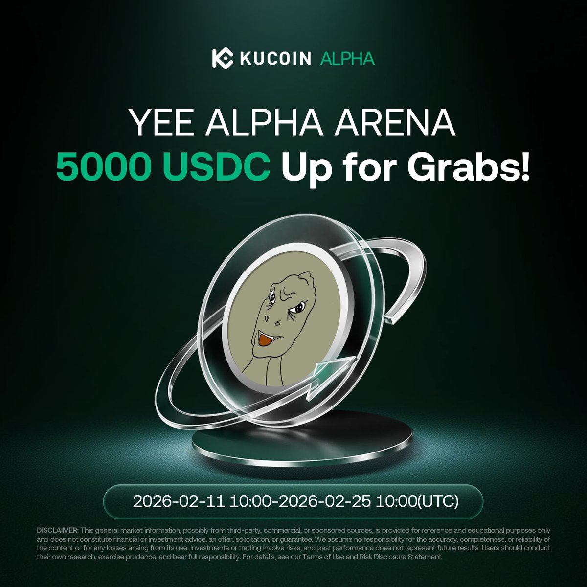 🚀 Alpha Arena: Trade $YEE &amp; Share 5,000 $USDC!

🗓 Feb 11, 10:00 – Feb 25, 10:00 (UTC)

⏳ First-come, first-served.

More details: kucoin.com/campaigns/Alph…

Start trading now on #KuCoinAlpha!