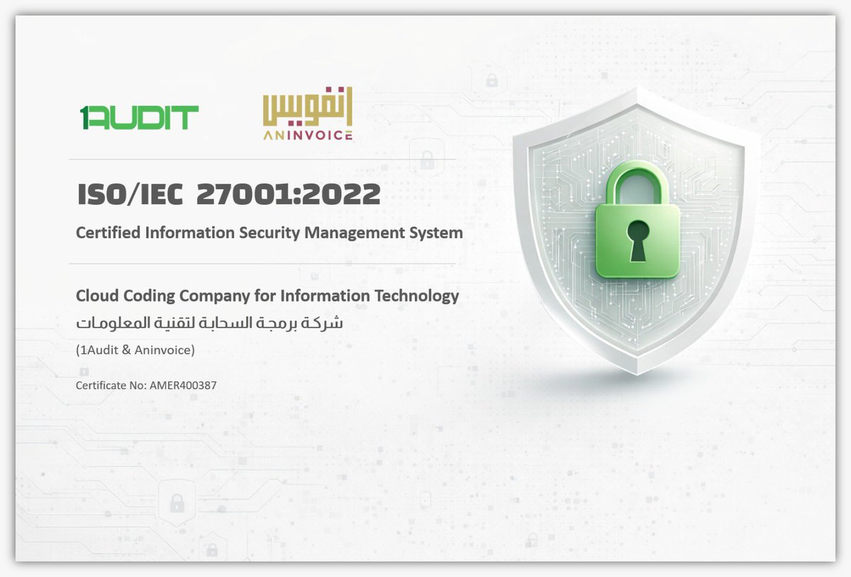 1audit_cloud's tweet photo. تفخر شركة برمجة السحابة لتقنية المعلومات
بحصولها على شهادة ISO/IEC 27001:2022 في نظام إدارة أمن المعلومات.
خطوة جديدة نحو بيئة رقمية أكثر أمانًا وثقة.
🔎 تحقق من الشهادة عبر IAF CertSearch:
https://t.co/Qf2zz4lnBH
#CyperSecurity
#1Audit https://t.co/okKuCt2YL2